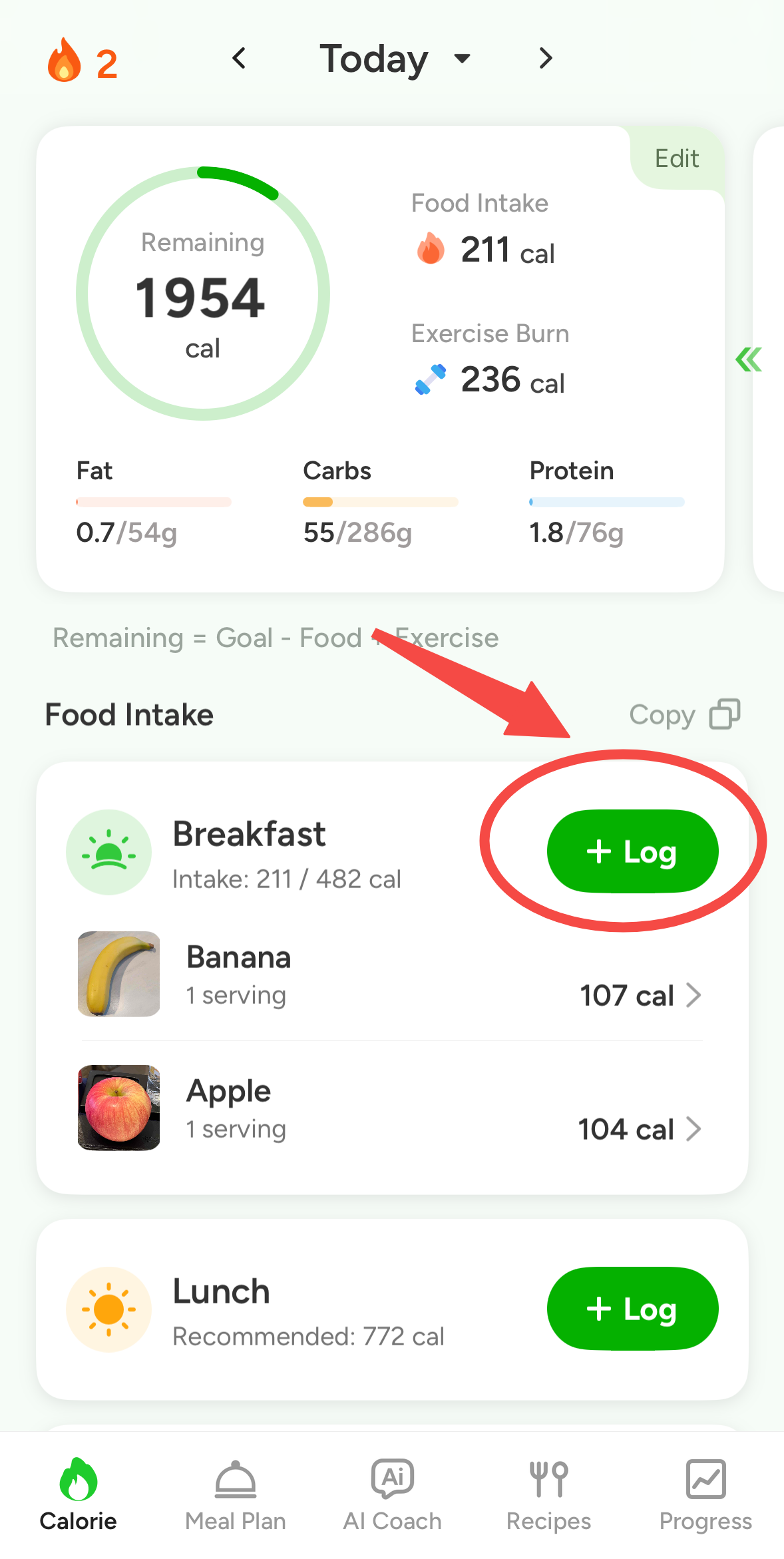 CaloCare food logging screen
