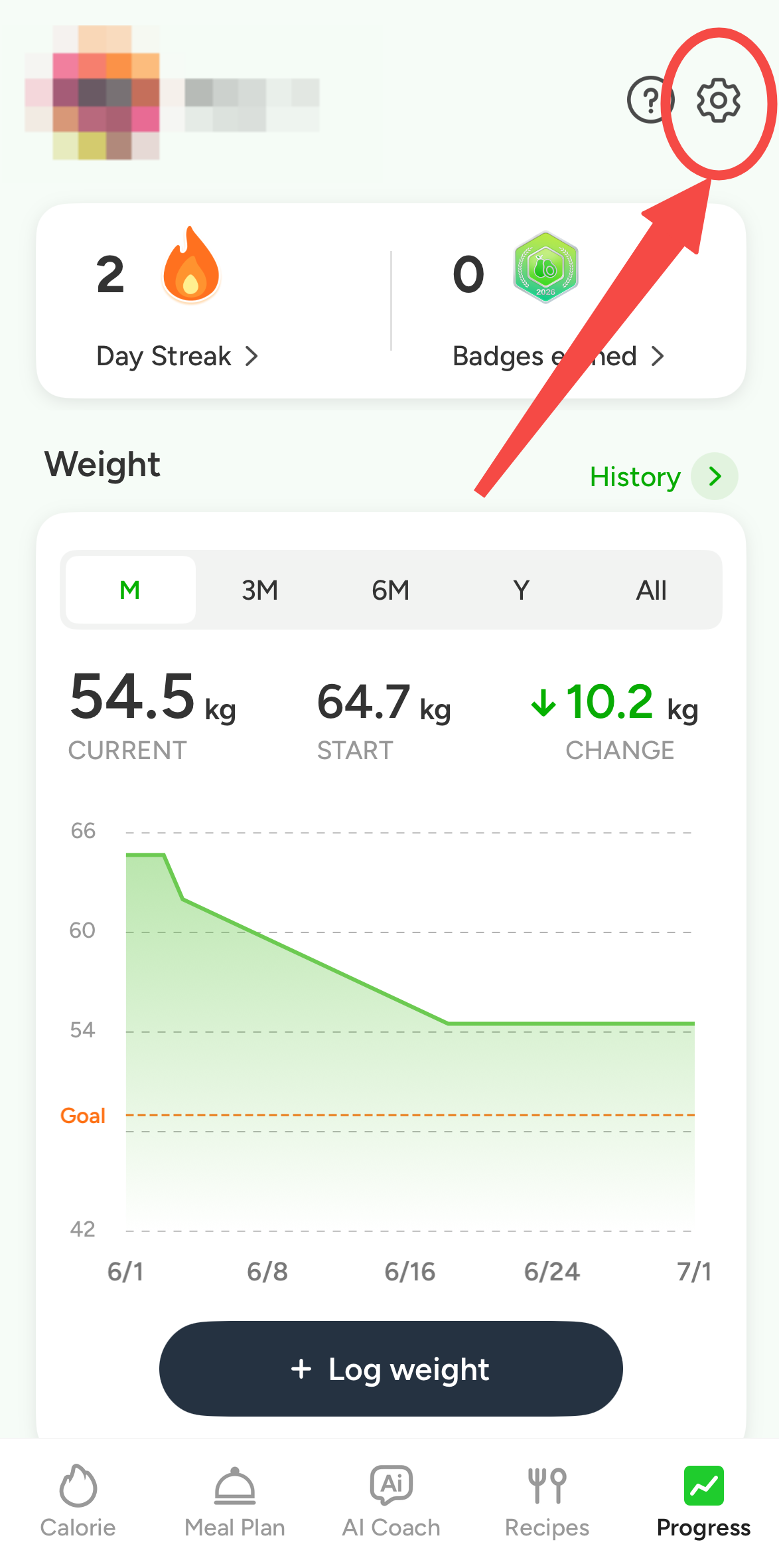 CaloCare Progress settings screen