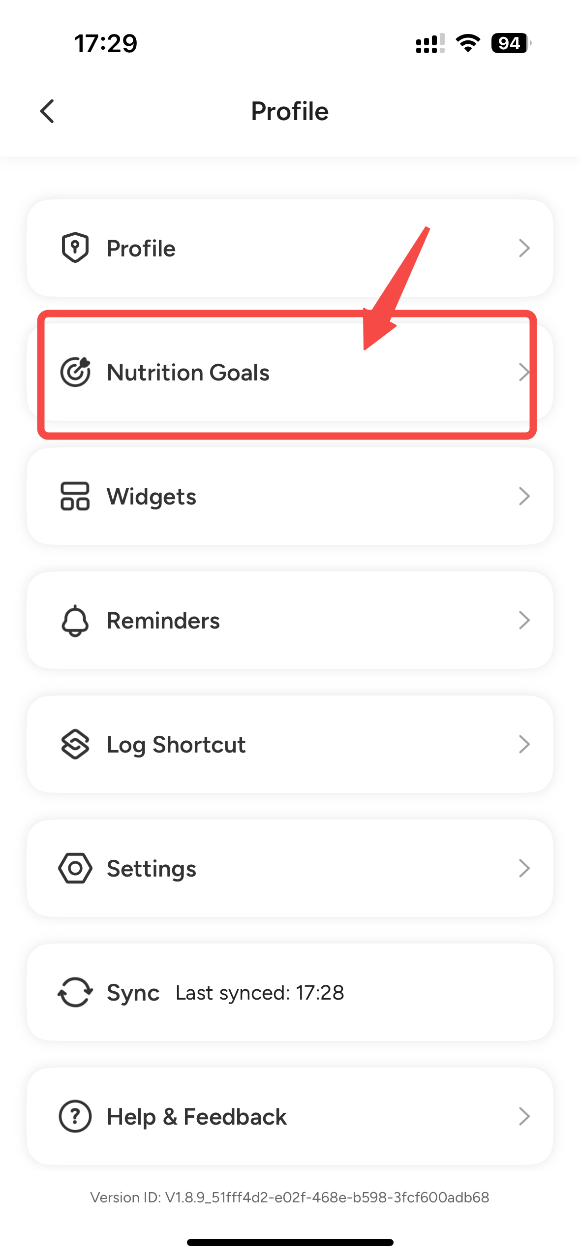 CaloCare Nutrition Goals screen