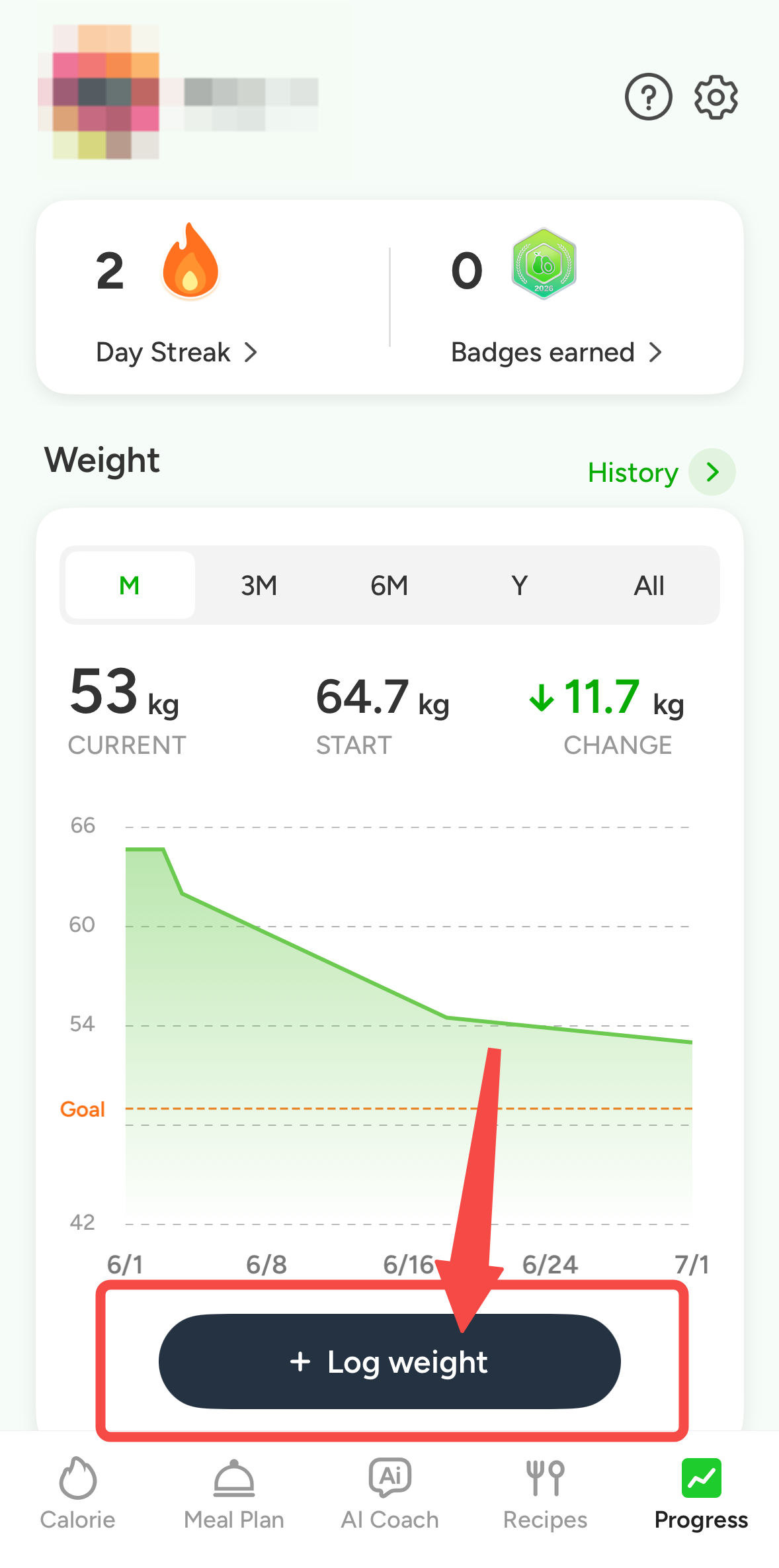 CaloCare weight history screen