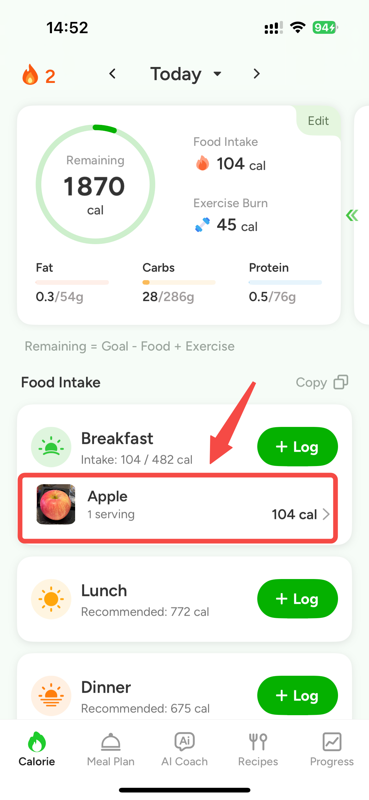 CaloCare food entry selection screen