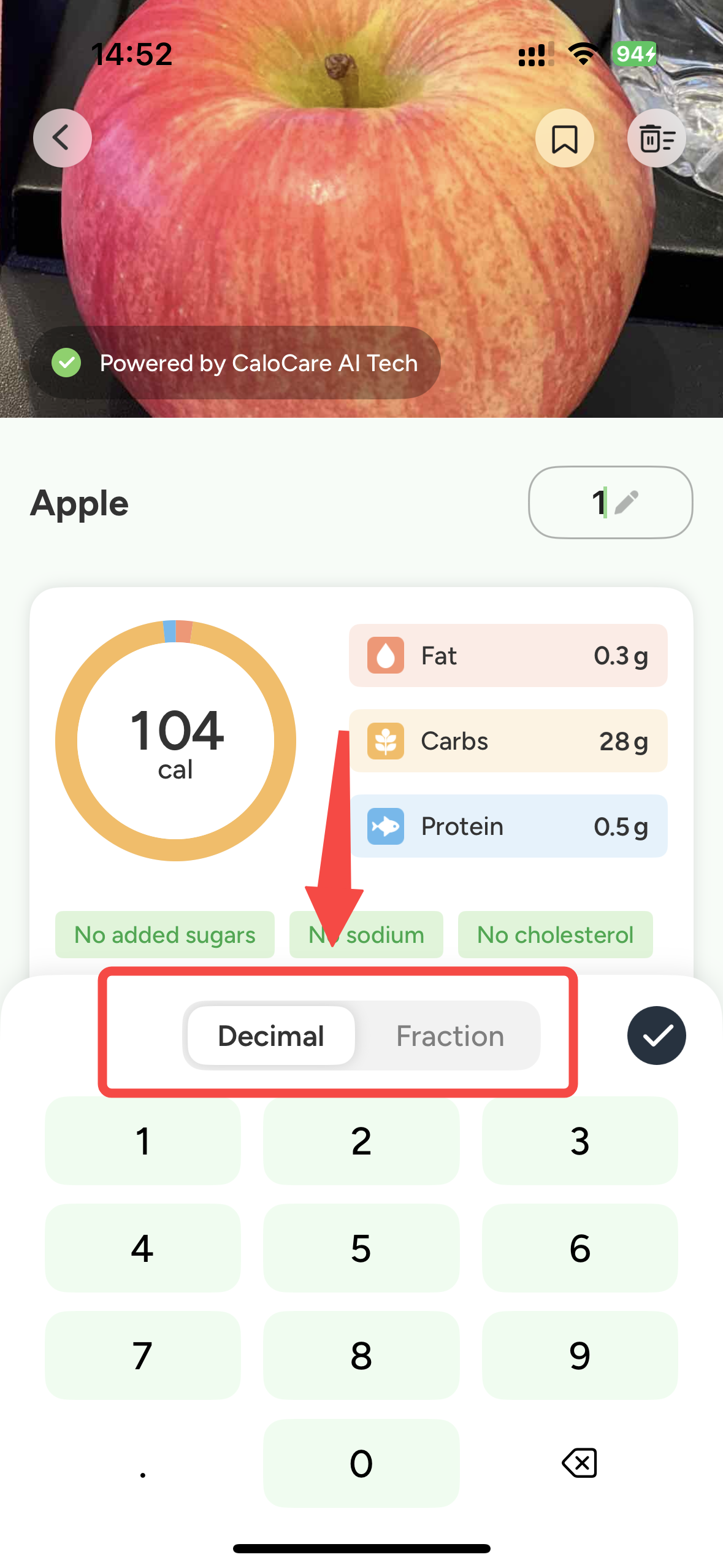 CaloCare serving size editor