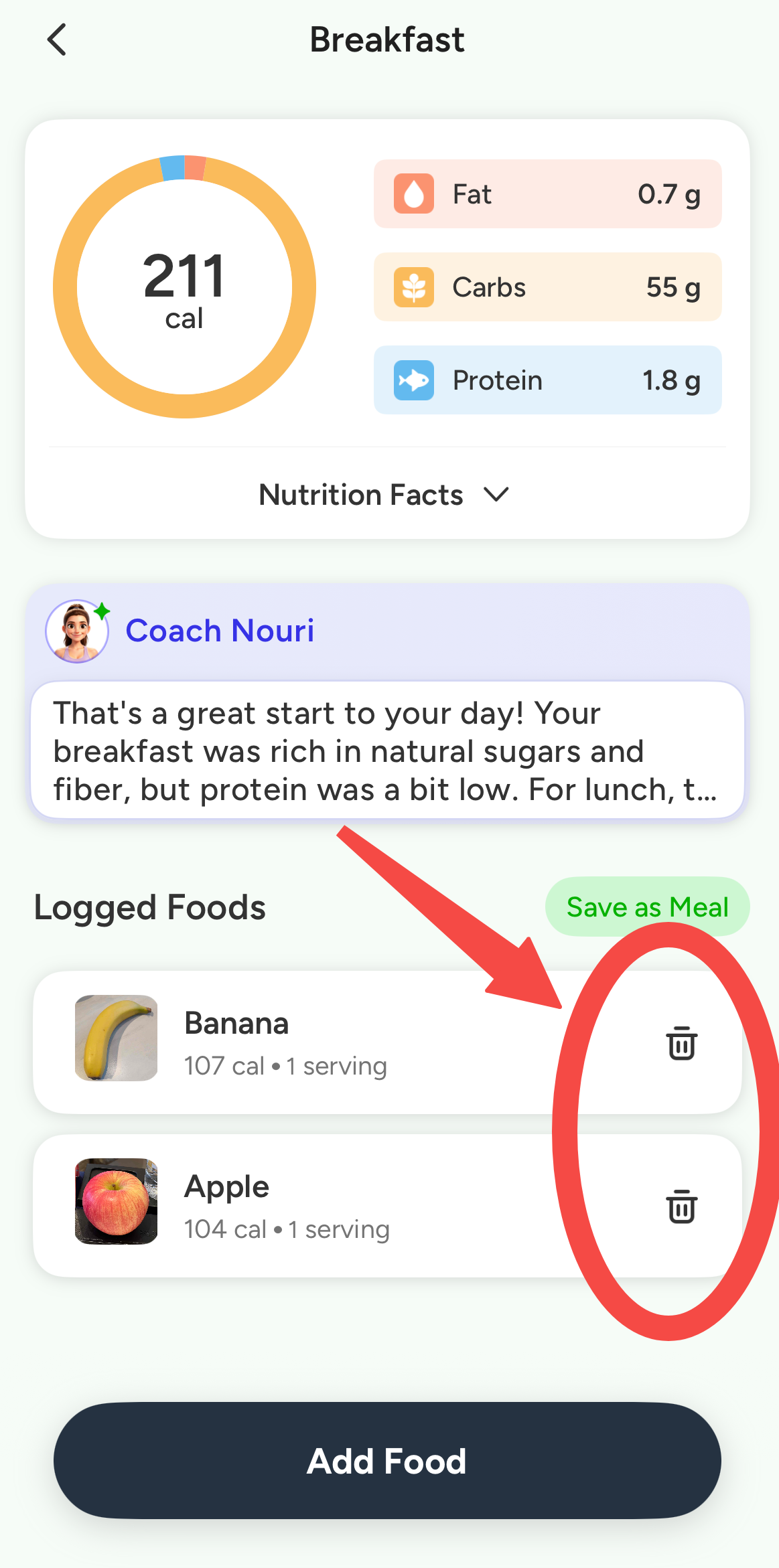 CaloCare meal section deletion control