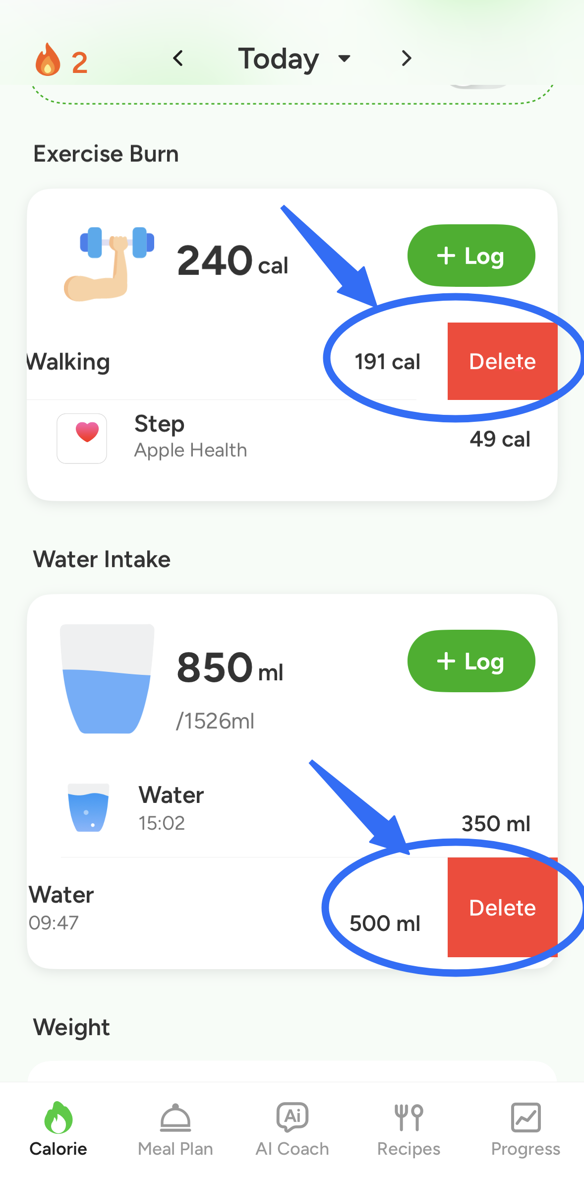 CaloCare water and exercise entry deletion control